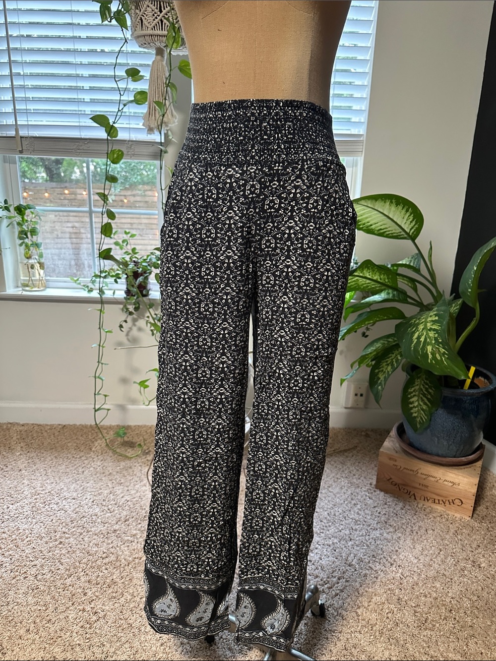 Smocked High-Waist Black & White Printed Wide-Leg Pants